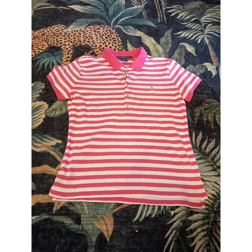 Ralph Lauren Sport Striped Slim Fit Polo Shirt Pink White Womens L